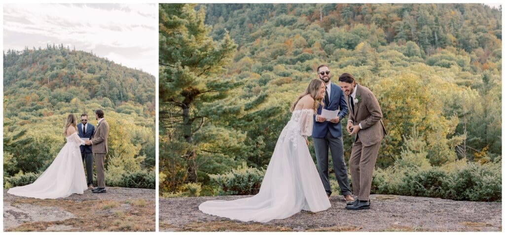 Couple laughing during their mountain top ceremony after their sunrise hike during their adventure elopement in the Adirondack mountains
