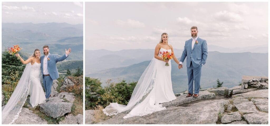 Bride and Groom posing on top of a mountain during their Adirondack elopement in Lake Placid.
