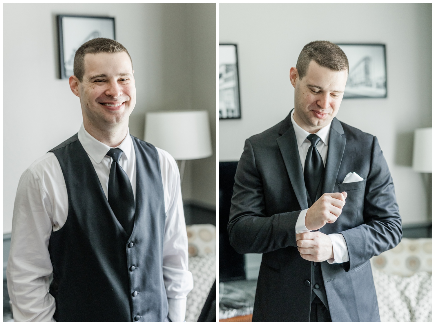 Two photos of the groom, Nick, getting ready at the Best Western in Troy, NY across the street from Franklin Plaza.