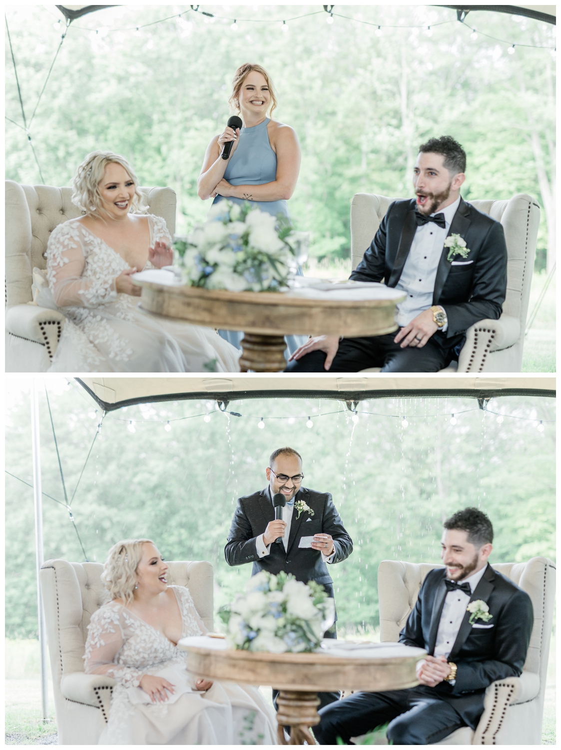 Maid of Honor and Best Man giving speeches during a wedding reception under a tent outside in the middle of a rainstorm. 