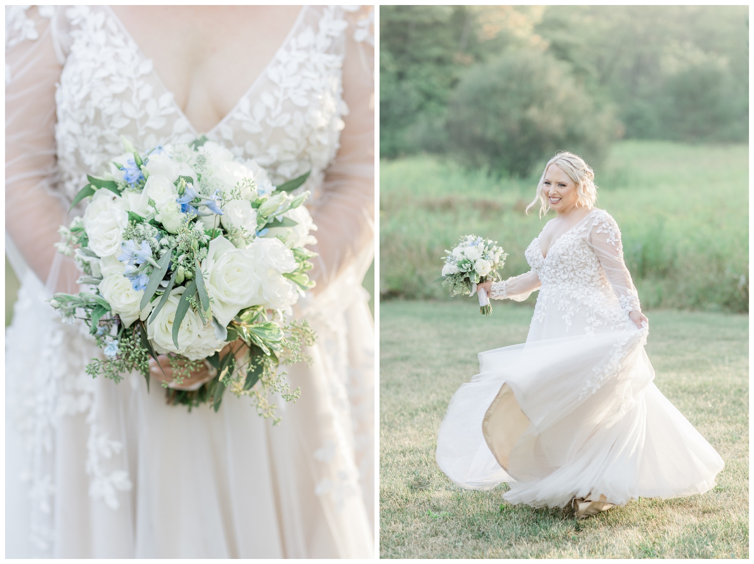 Up close photo of a bride's bouquet with eucalyptus flowers and white roses. Next to a photo of a bride twirling in her ivory long sleeve lace wedding dress.