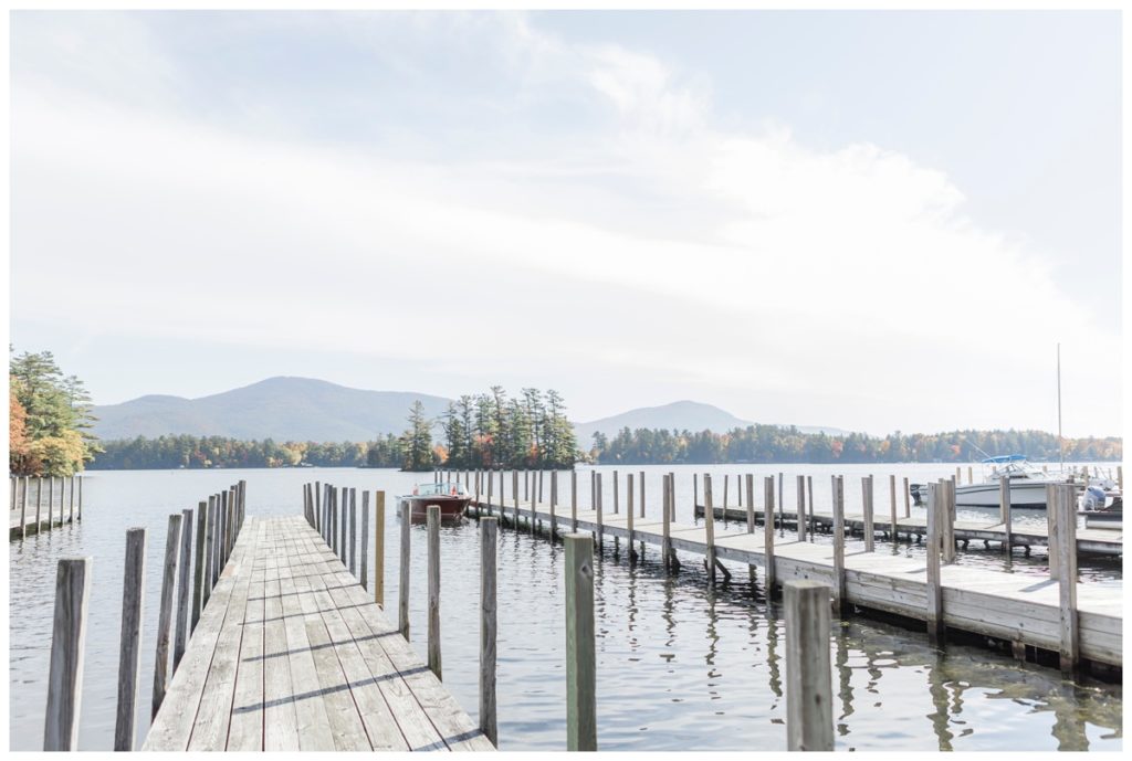 Landscape view of docks at The Algonquin on Lake George in New York.