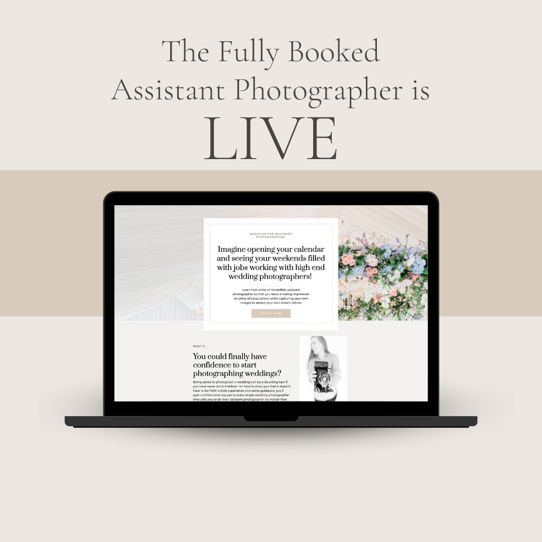 The Fully booked assistant photographer is an 8 week group coaching program designed to help photographers become wedding photographer through second shooting. 
