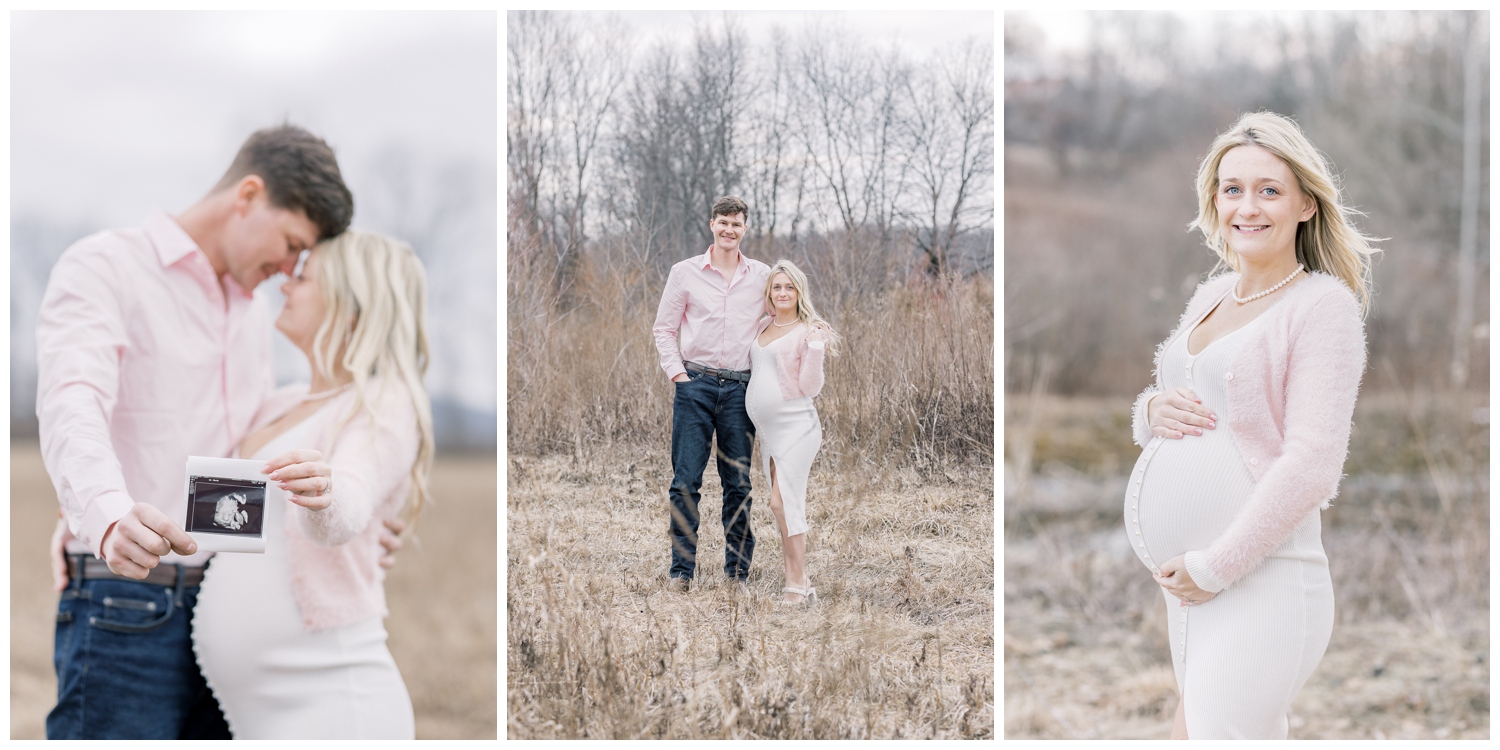 Maternity photos for new parents on their family farm celebrating the anticipated arrival of their baby girl.
