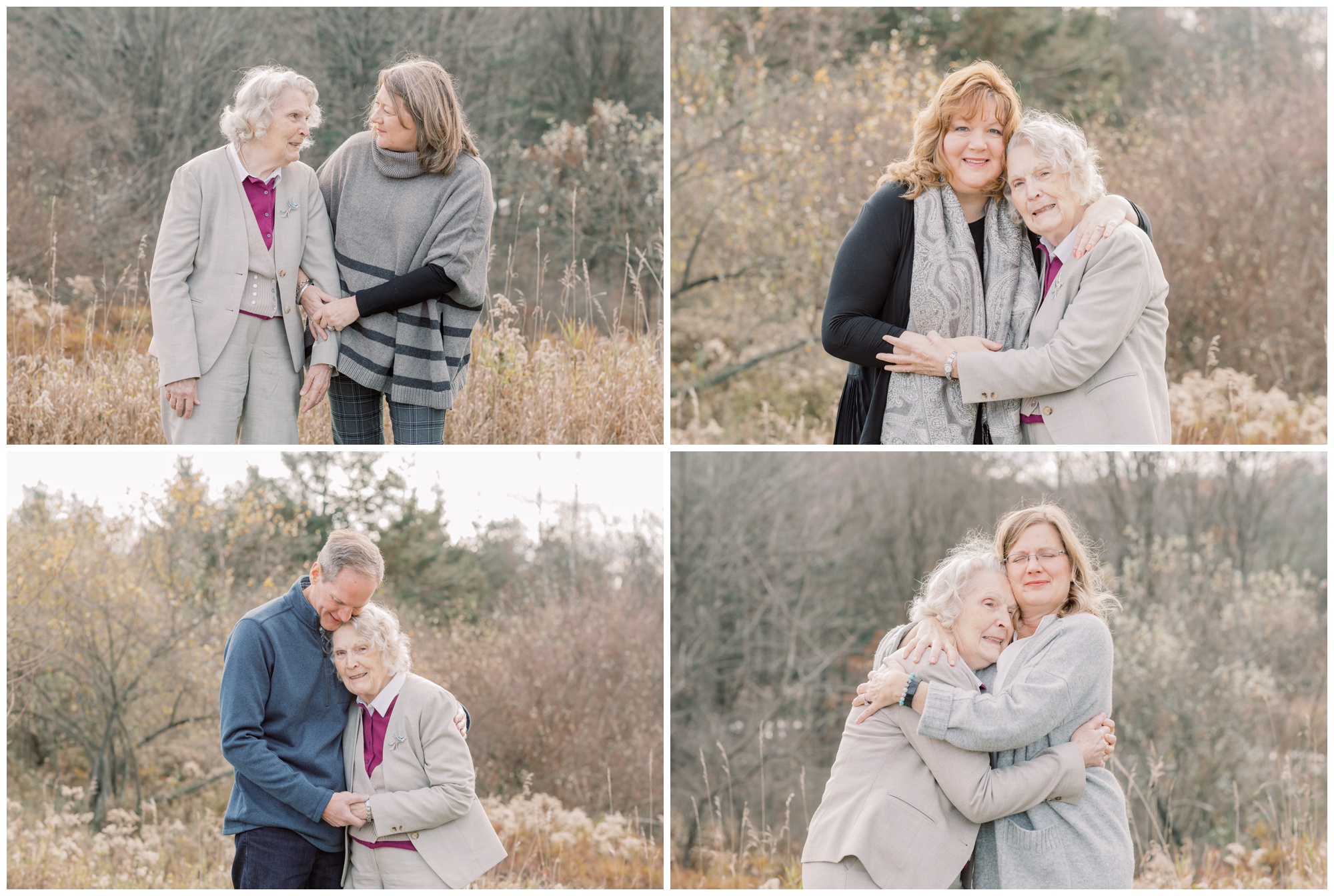 An elderly mother hugging each one of her grown children during their family portraits.
