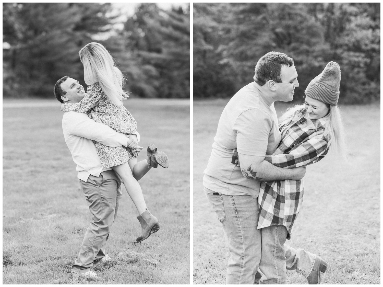 Candid black and white photographs of a man and women who are celebrating their engagement with photos. This engagement session took place in a park in Ballston Spa, NY near Malta.