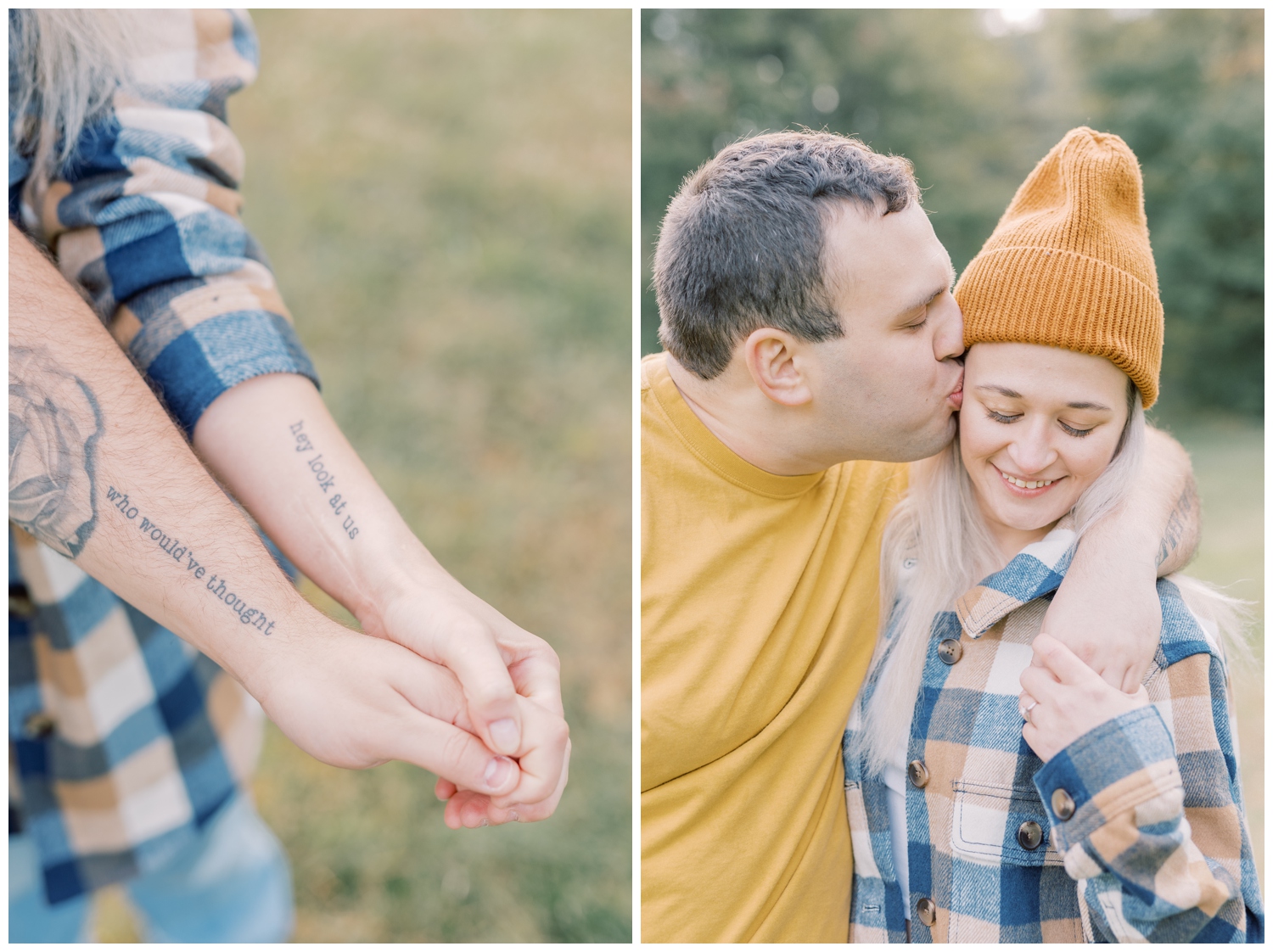 Couple showing off their matching tattoos during their engagement session at a park near Malta, NY during the fall. 