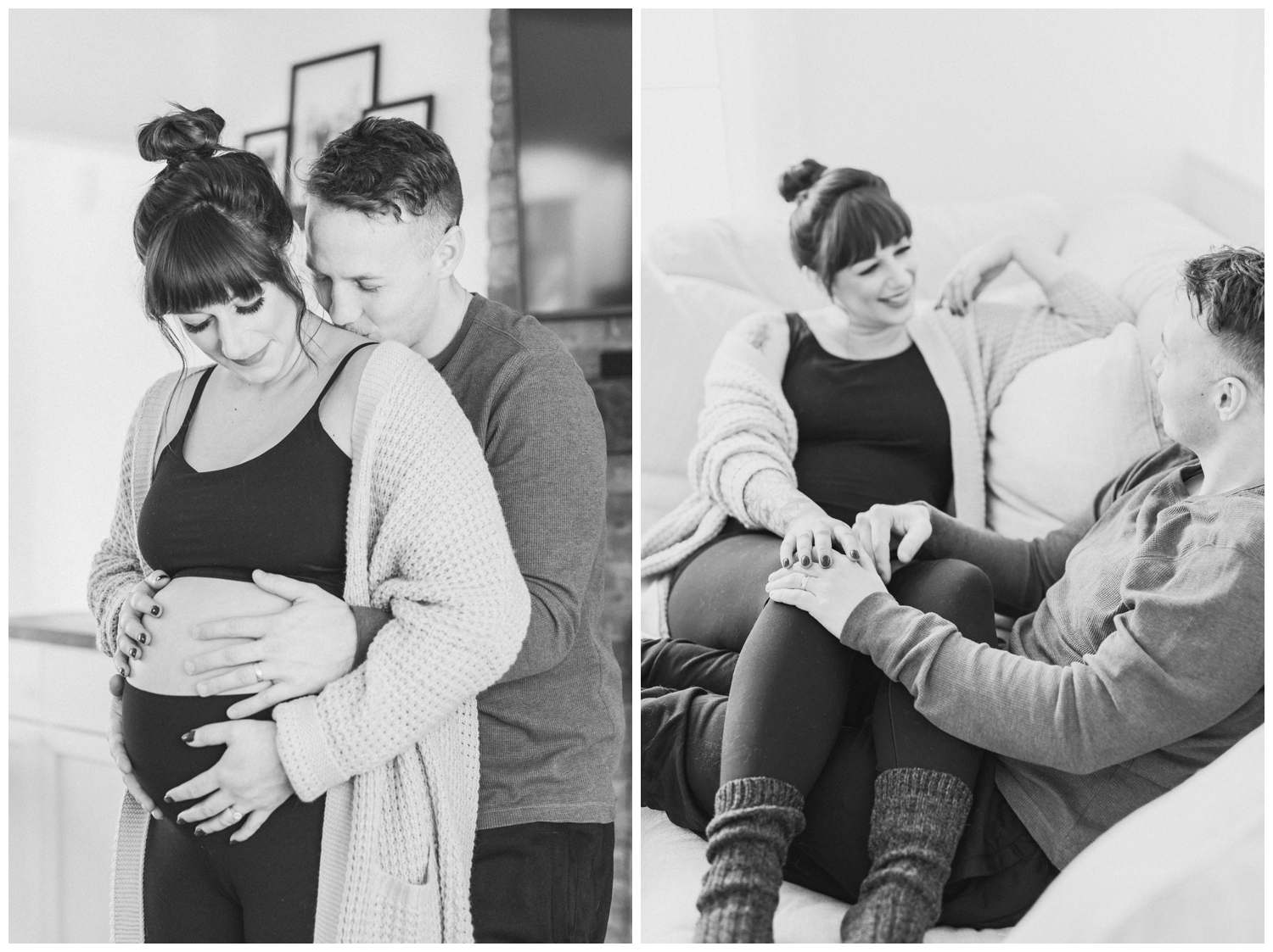 Black and white timeless images of a future Mom and Dad celebrating their pregnancy with cozy lifestyle maternity photos.