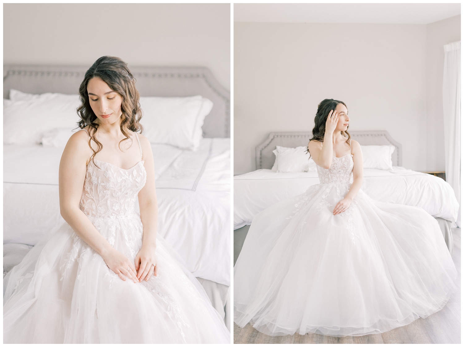 Elegant portraits of a bride in her getting ready room filled with natural light. Photographed in a light and airy style that looks like film at a venue in Upstate NY called Windham Manor.
