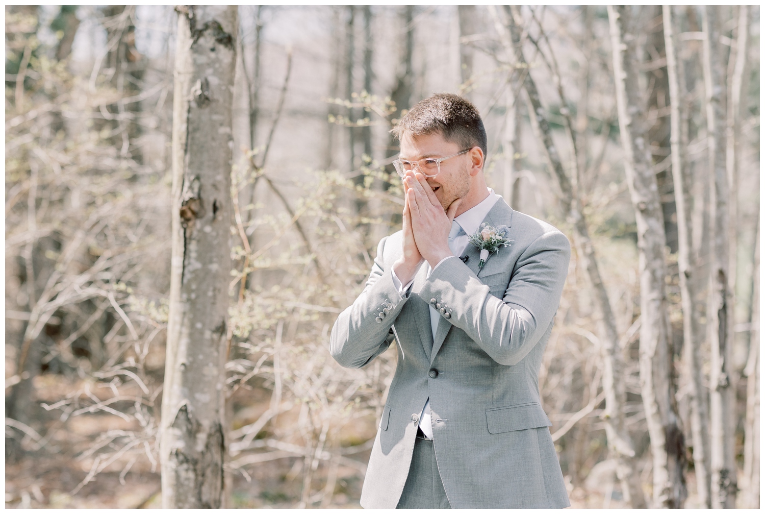 Groom's reaction to seeing his bride for the first time on their wedding day. This Windham Manor wedding was photographed by Nicole Weeks Photography in a light and airy style. 
