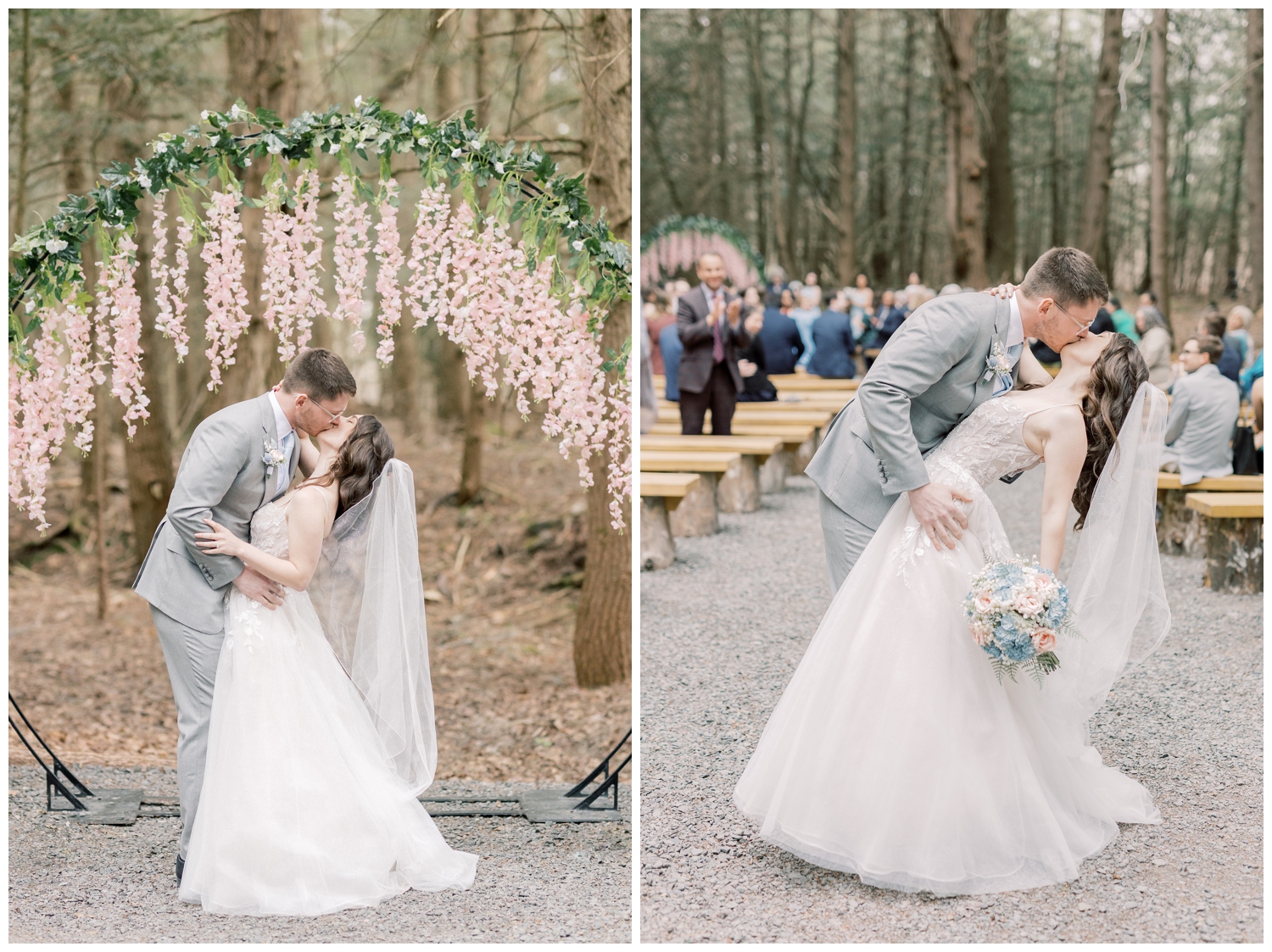 A couple on their wedding day sharing their first kiss as husband and wife in their wooded ceremony at Windham Manor.
