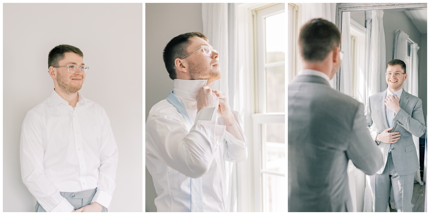 Portraits of a groom getting ready and putting on his tie on his wedding day which was photographed by Nicole Weeks Photography at Windham Manor in Windham, NY.
