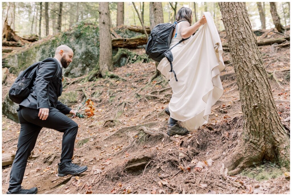 An adventure elopement in the Adirondacks near Lake George, NY. This couple decided to hike around the ADK mountains on their elopement day dressed in their wedding attire.