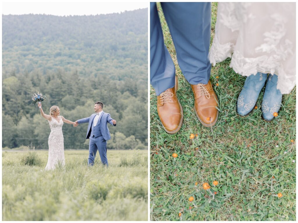 Bride and Groom celebrating their elopement in front of an Adirondack Mountain just South of Lake Placid in NY.
