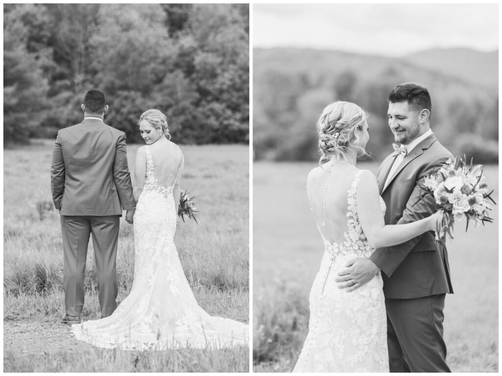 Black and white image of a couple on their Keene Valley Elopement.
