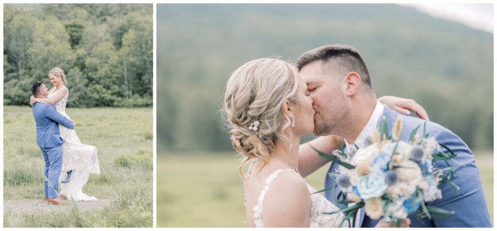 Bride and groom kissing and spinning around in Keene Valley, NY during their adventure elopement in the Adirondacks.
