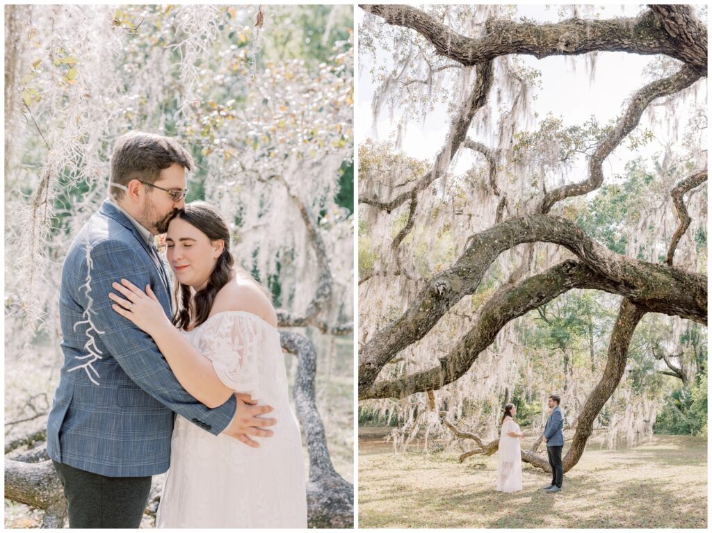 Bride and Groom standing by a Spanish Moss tree during their Florida elopement.