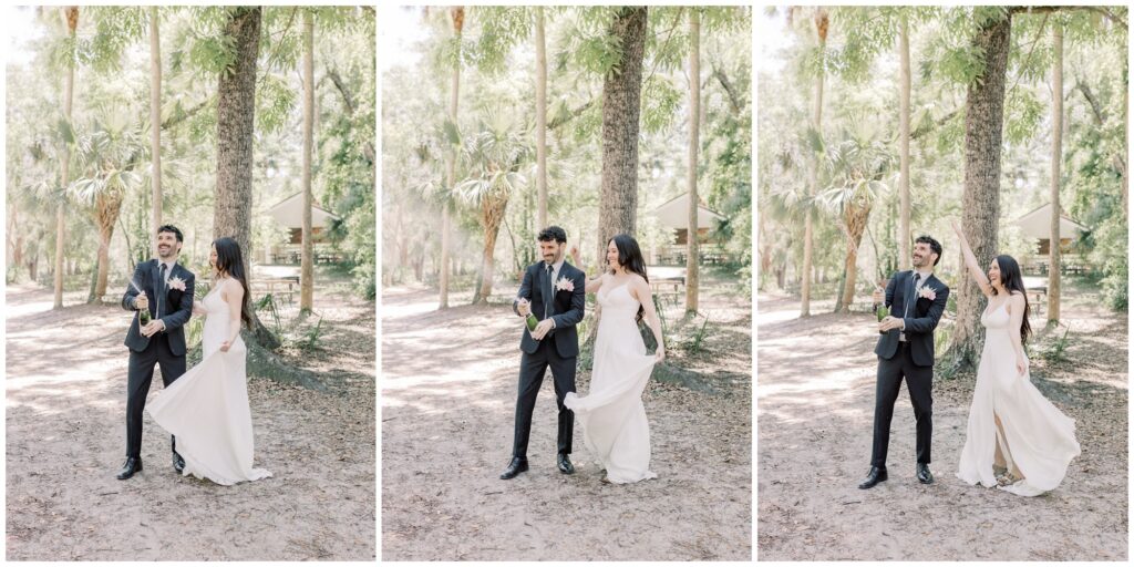 Newlyweds spraying champagne and cheering in celebration.
