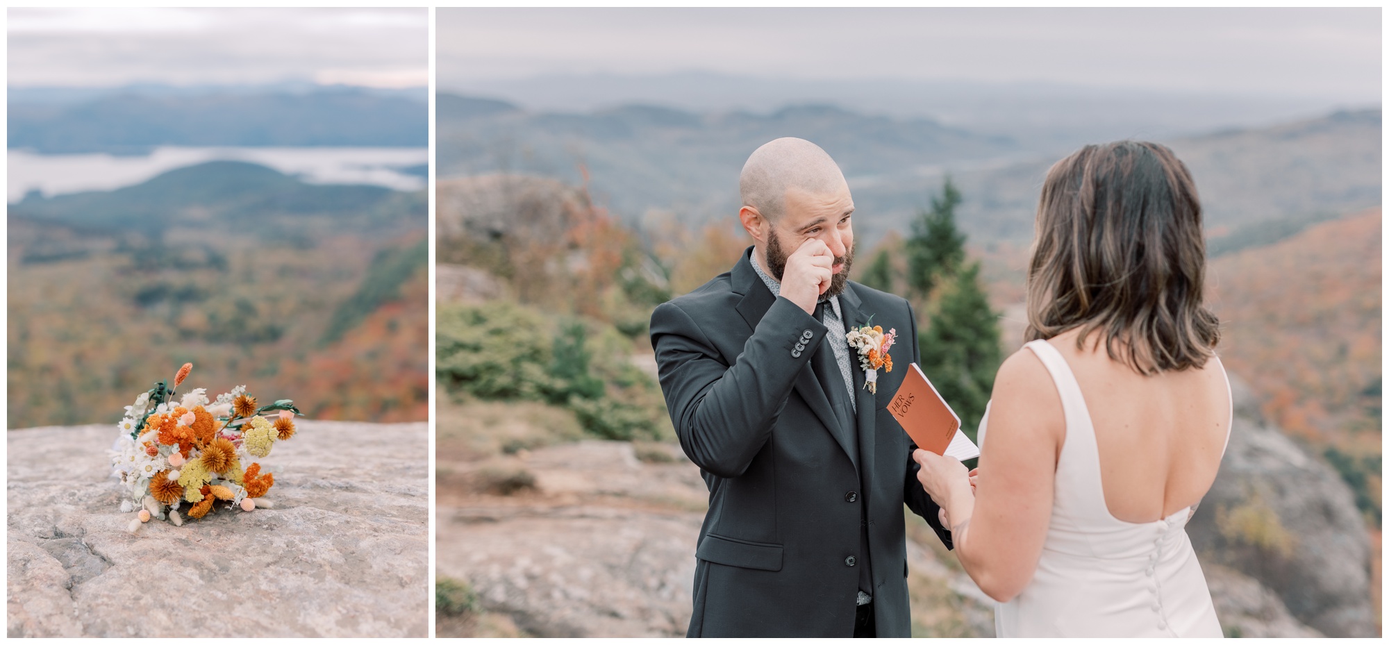 Groom wiping away a tear as his bride shares her vows.
