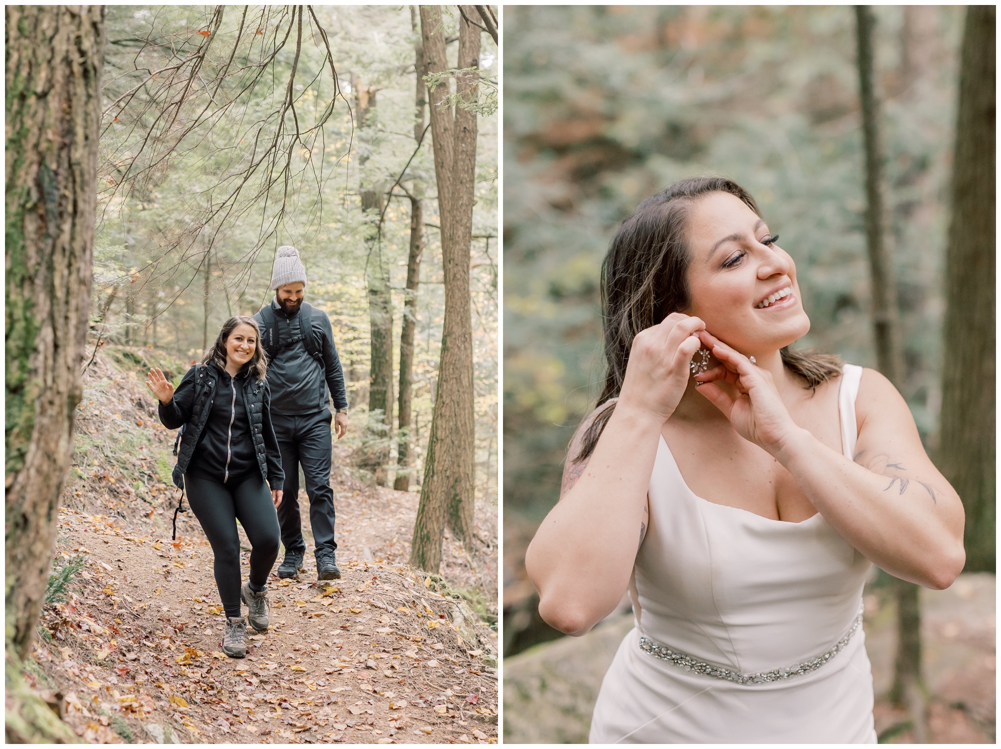 Couple hiking through the woods in Upstate New York during the Fall,
