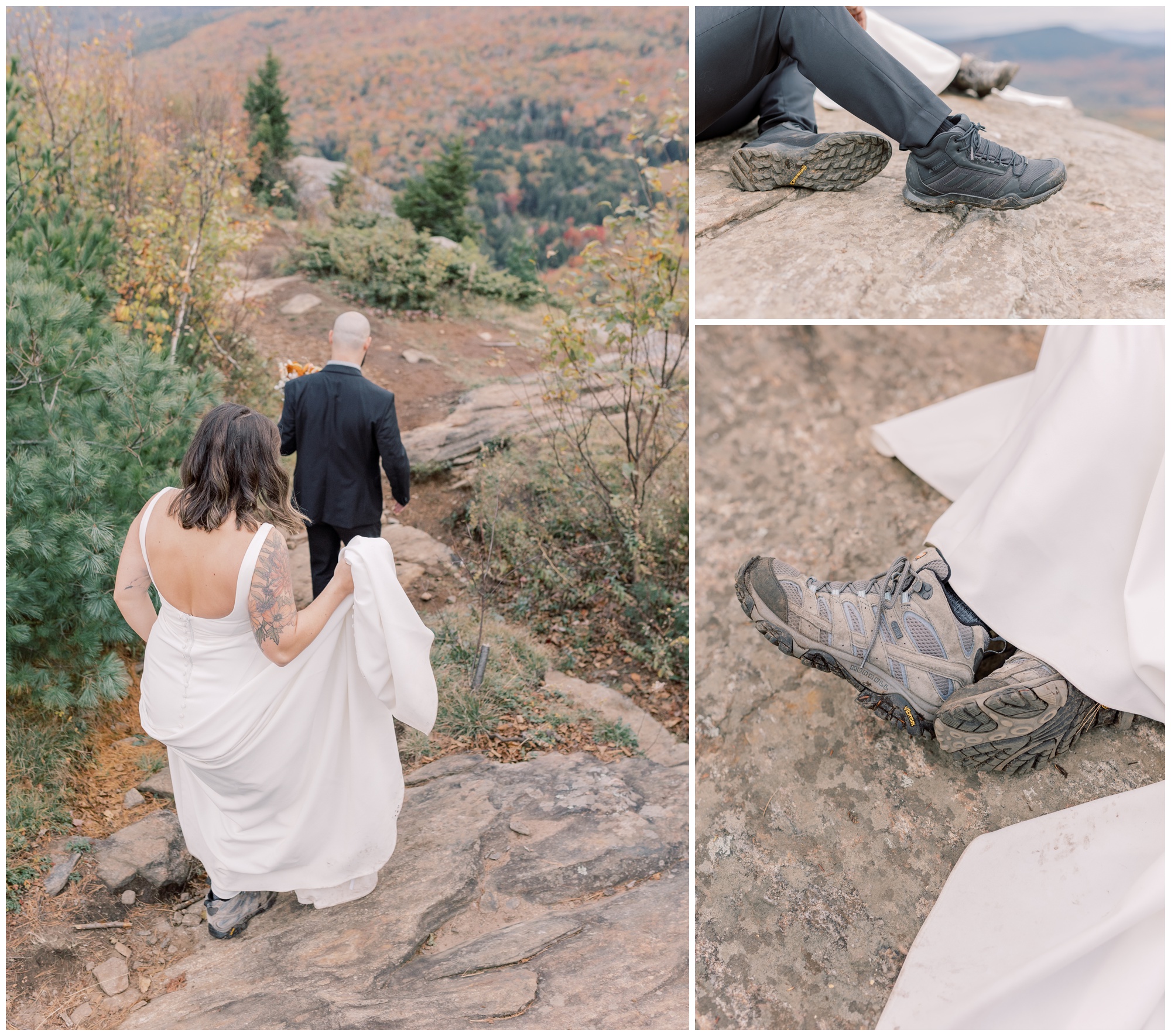 An eloping couple climbs rocks in their wedding dress and suit for their private wedding ceremony with a view of the Adirondack mountains.
