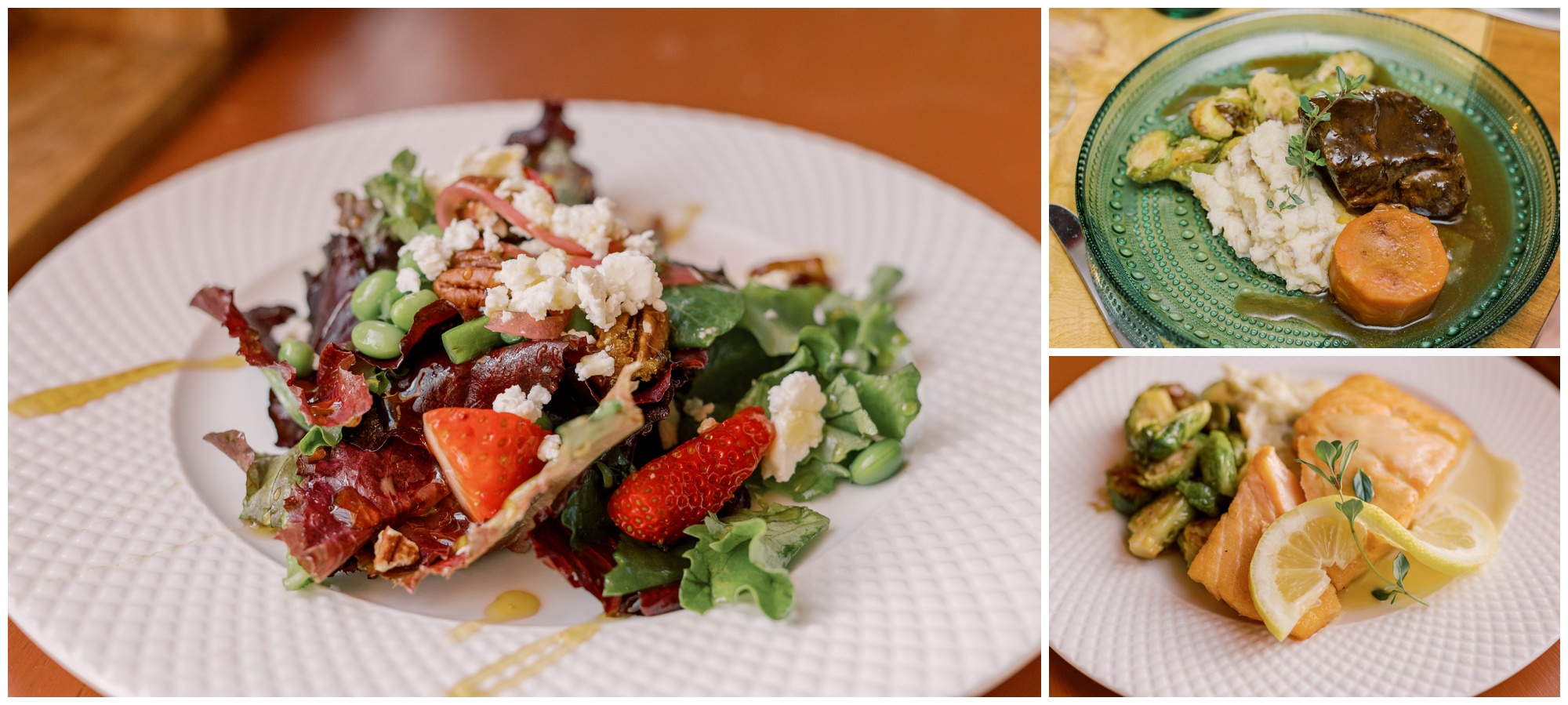 Three dishes of food including a salad, prime rib, and salmon made by Take Home Cheffy.
