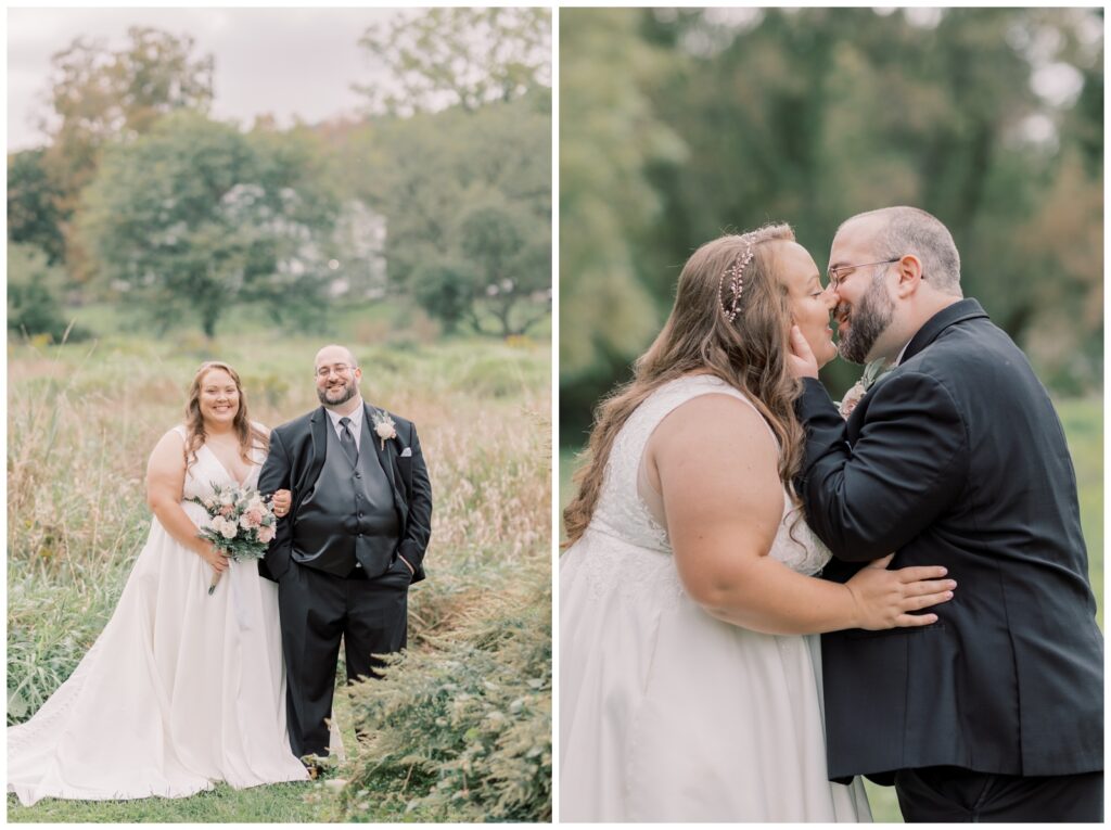 Bride and Groom kissing in a field buy Congress Park in Saratoga Springs as they elope.