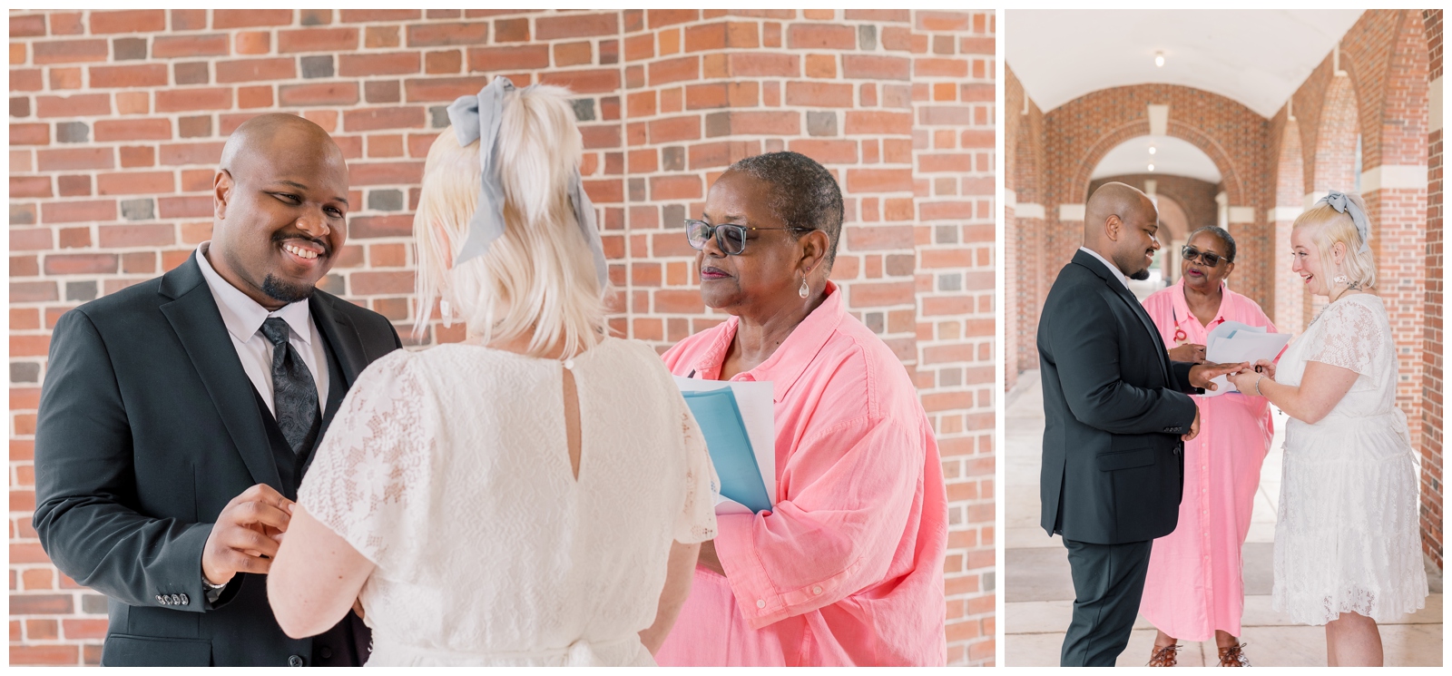 Groom smiling at his bride during their intimate elopement ceremony as he puts a wedding band on her finger.