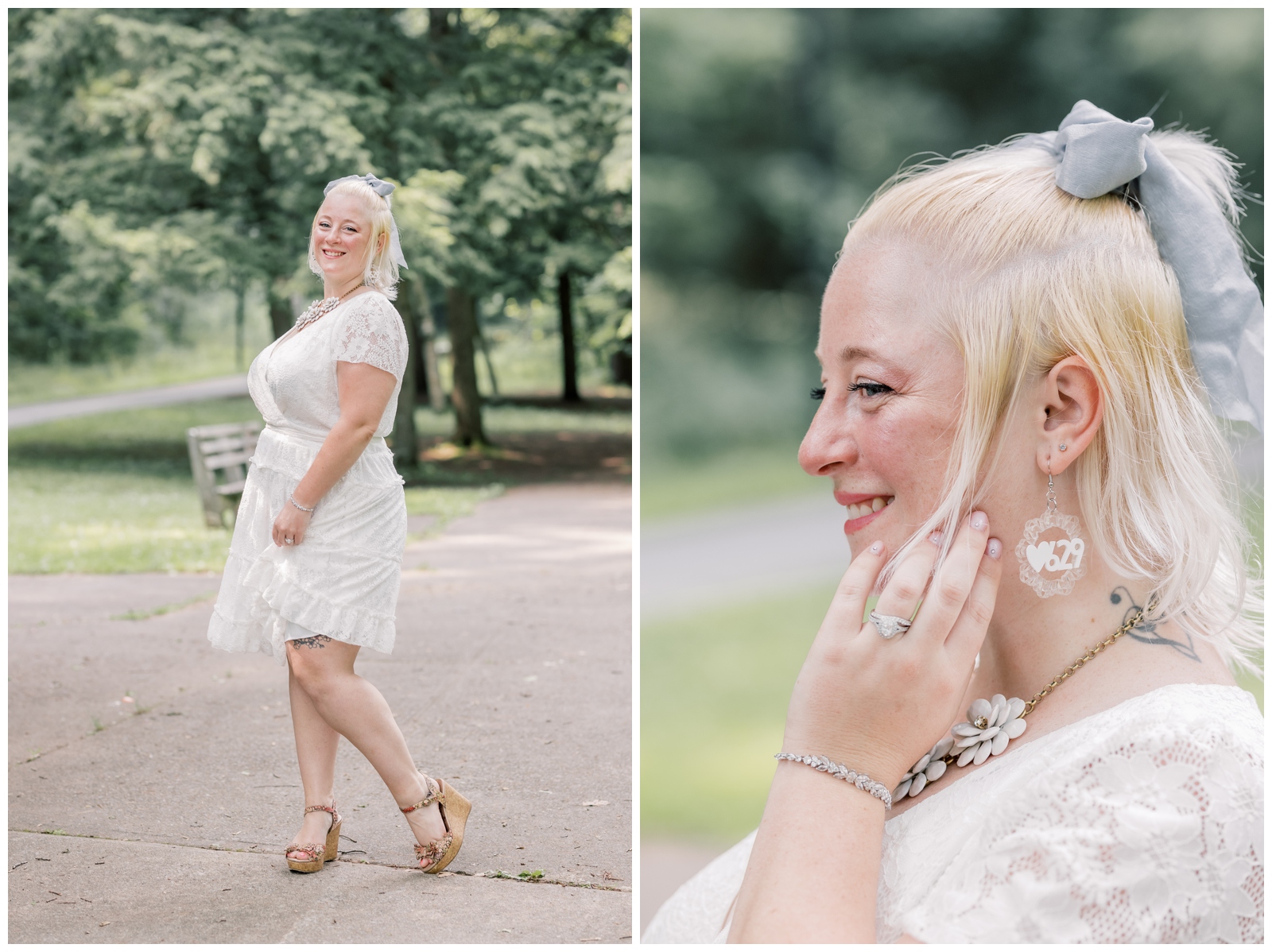 Portraits of a bride with her handmade wedding earrings.