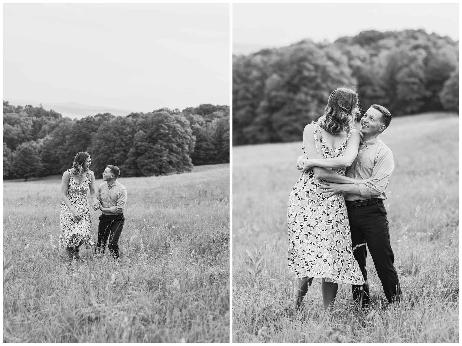 Black and white engagement pictures of a couple in a tall grassy field with mountains in the background.
