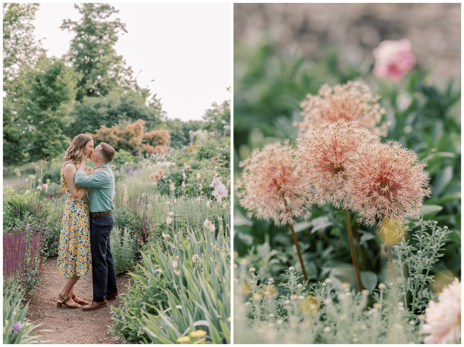 Beautiful engagement photo of a couple kissing in a garden in the Catskills.