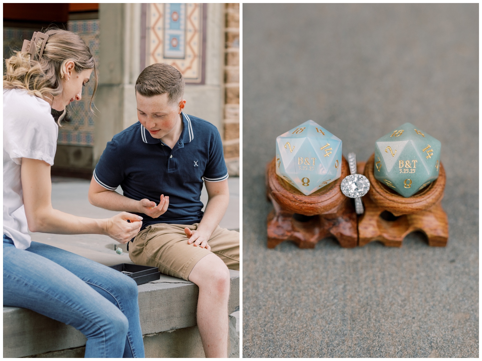 Custom Dungeons and Dragons dice with engagement ring.
