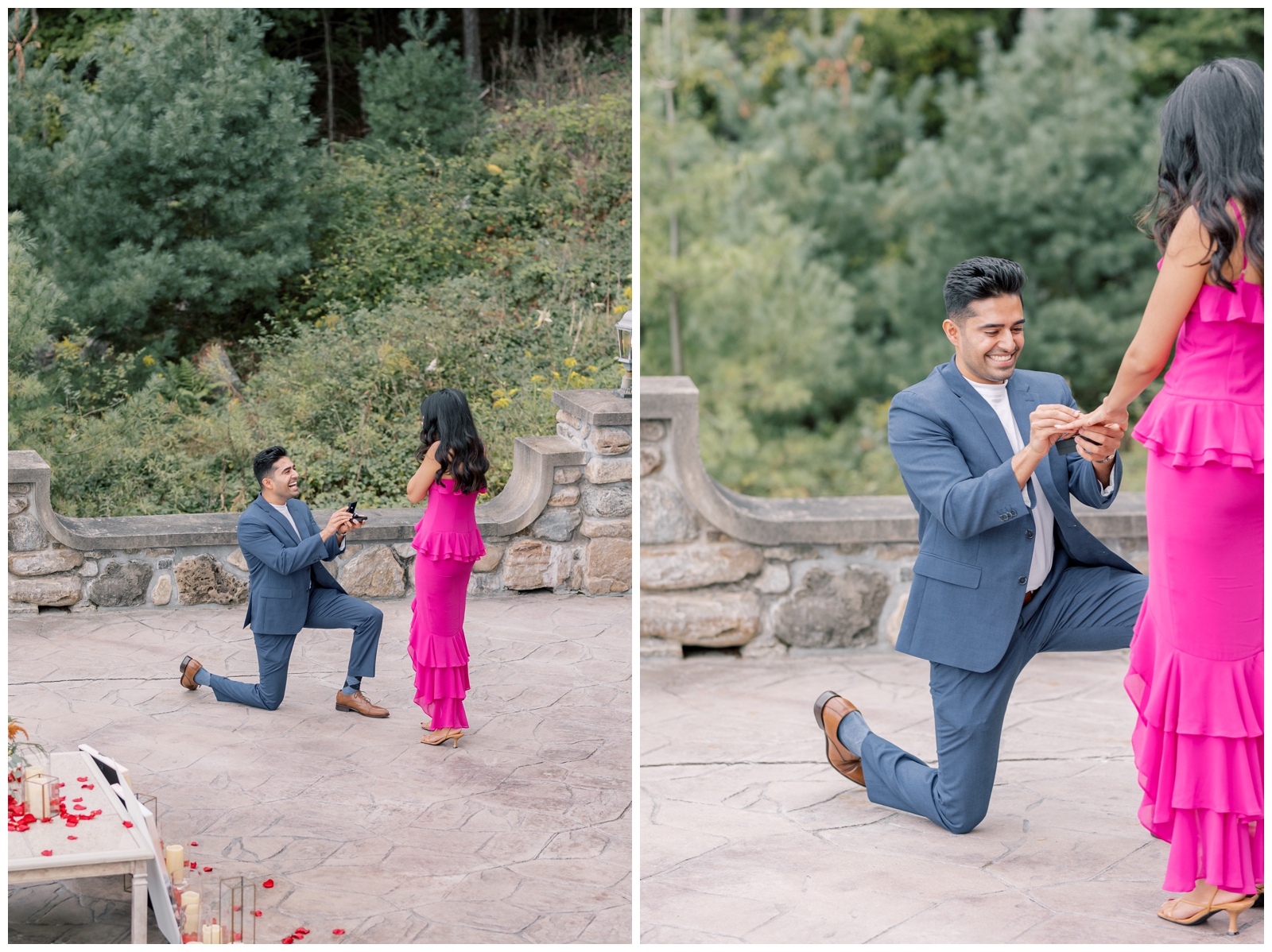 Man in a navy blue suit proposing to his girlfriend in a fuchsia dress outside of a castle in Lake George.