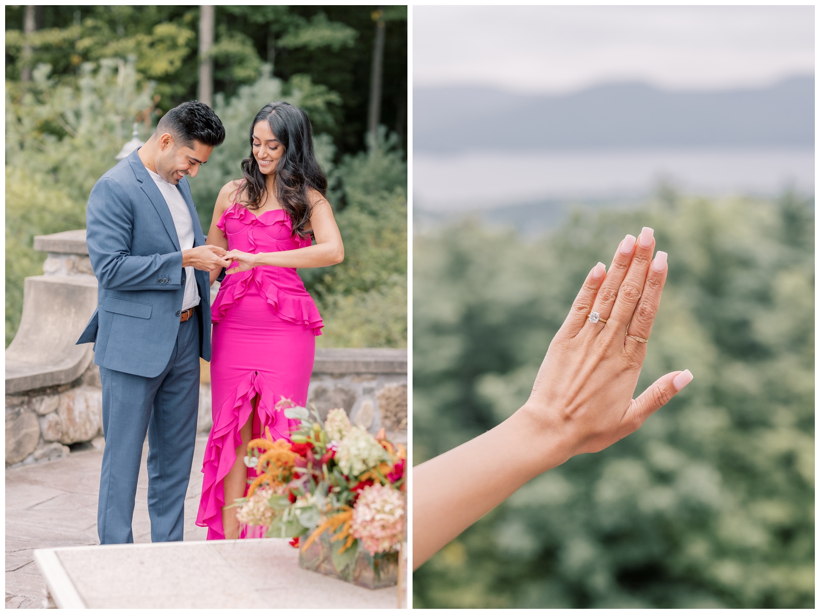 Recently engaged couple looking at her engagement ring.