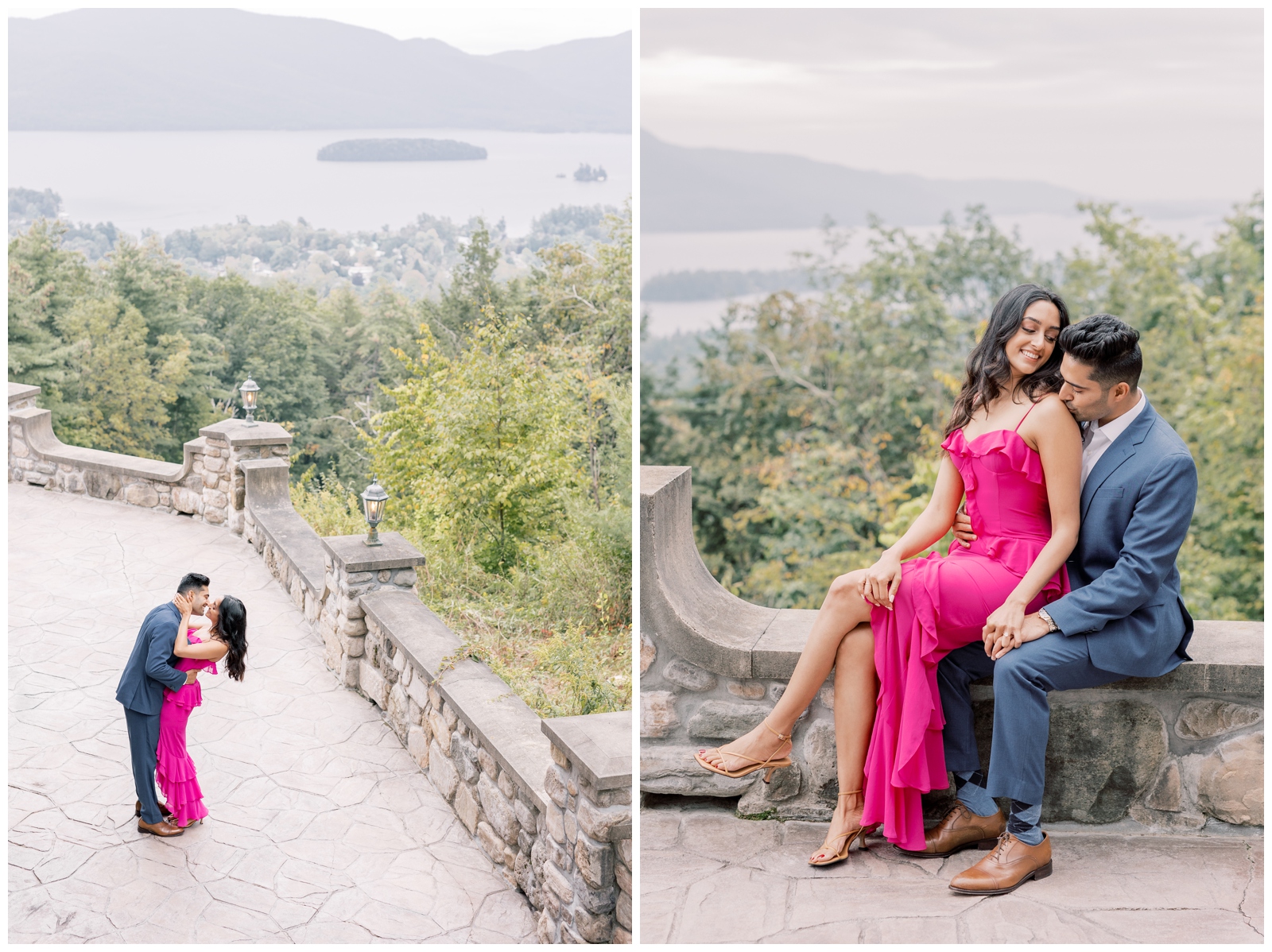 Engaged couple posing at a Castle after he proposed.
