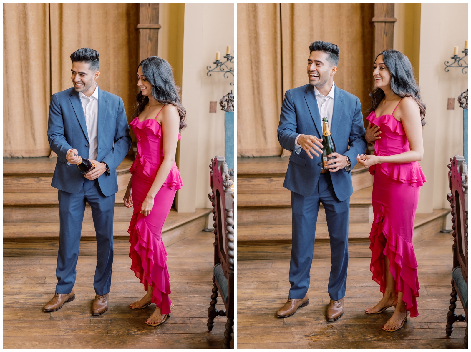 Newly engaged couple popping champagne.
