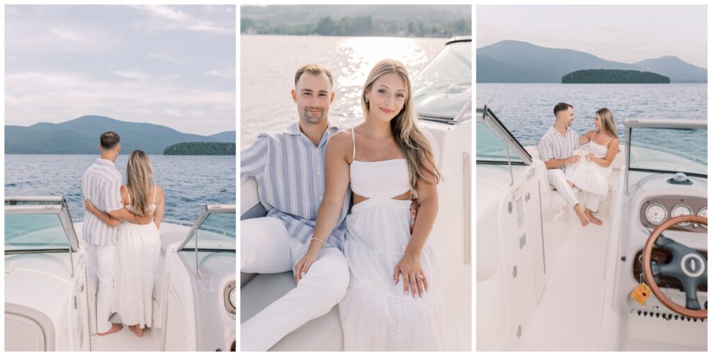 Couple posing for their engagement photos on a boat on Lake George in the Adirondacks.