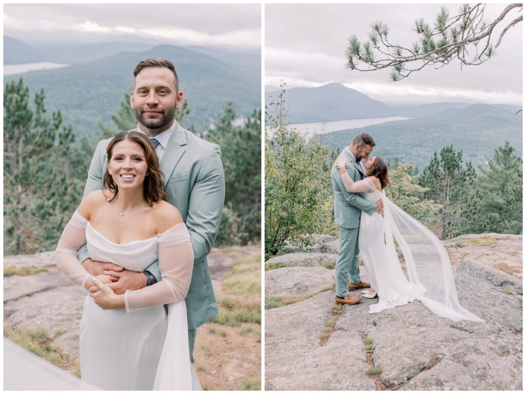 Bride wearing a fitted elopement dress on top of a mountain with a cape attached thats flowing in the wind. She purchased her dress from one of the online shops for elopement dresses shared in this blog.