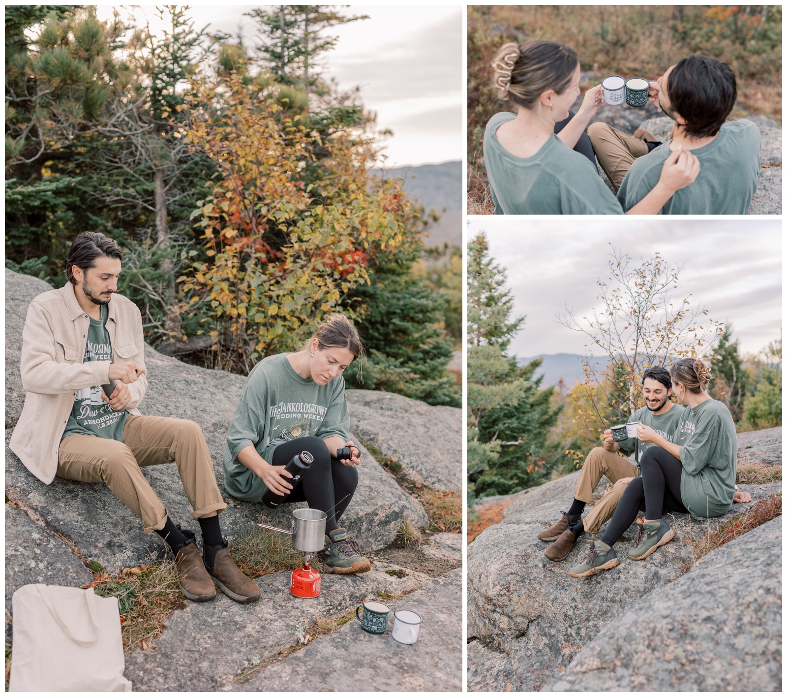 Couple wearing matching t-shirts making coffee together on top of a mountain.
