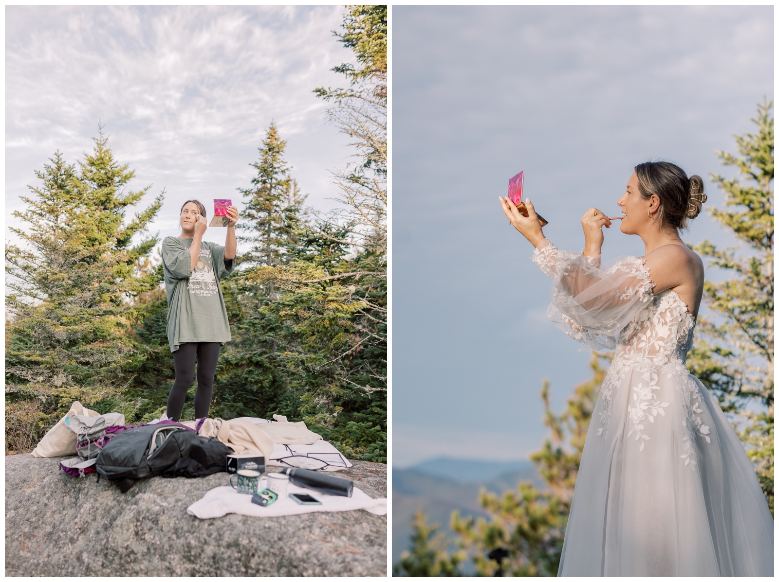 A Bride putting on makeup on top of a mountain.
