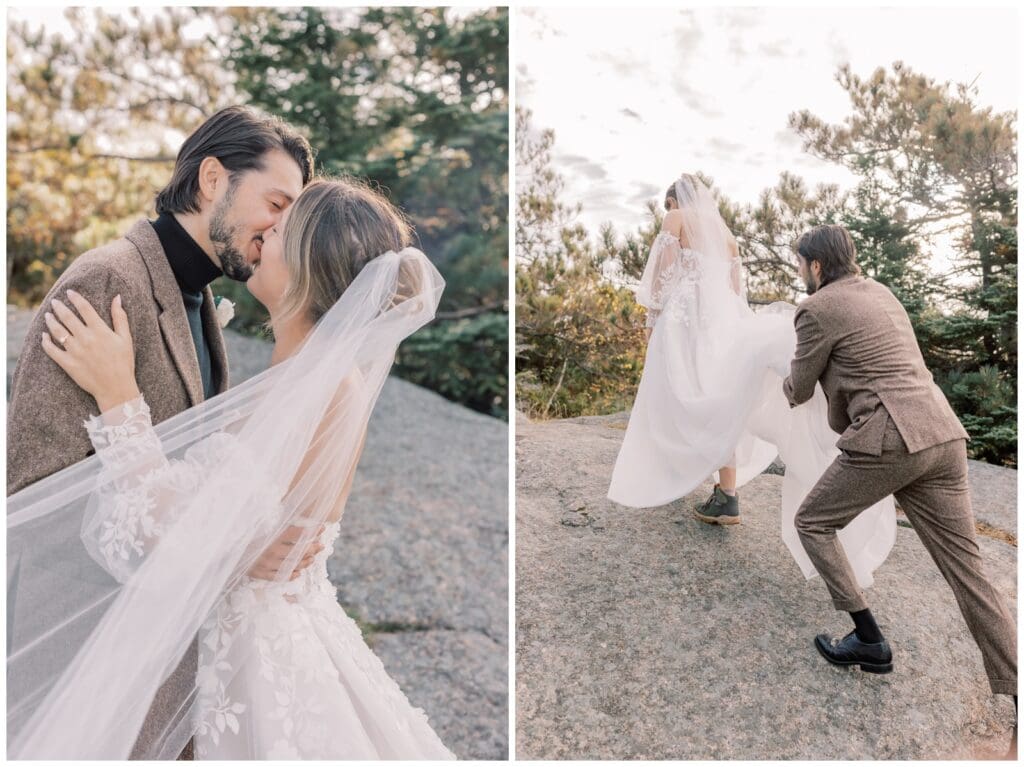 During their hiking elopement, a bride and groom climb rocks to reach the summit at sunrise as they make the most out of their elopement day.