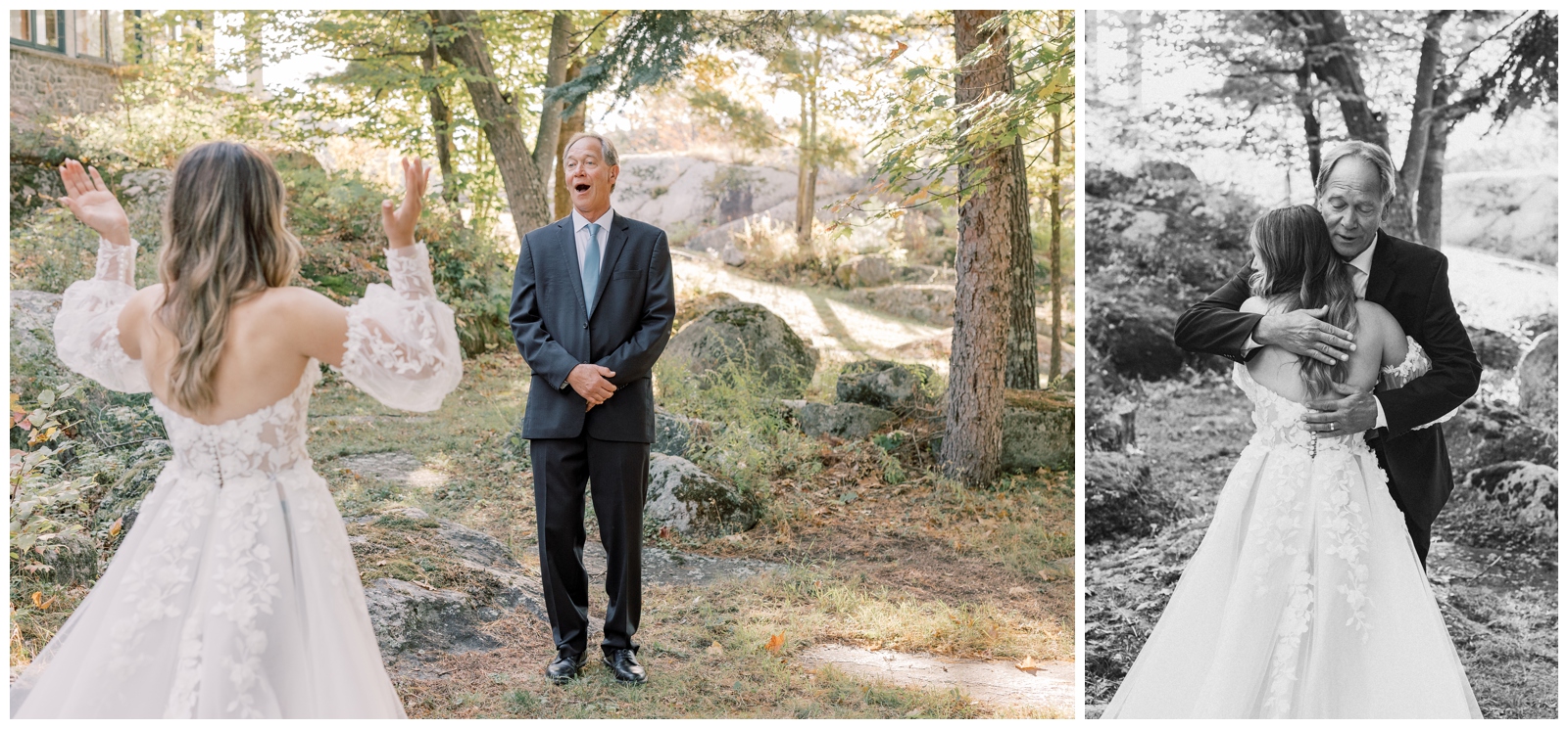 Father of the bride in shock as he hugs his daughter on her wedding day.
