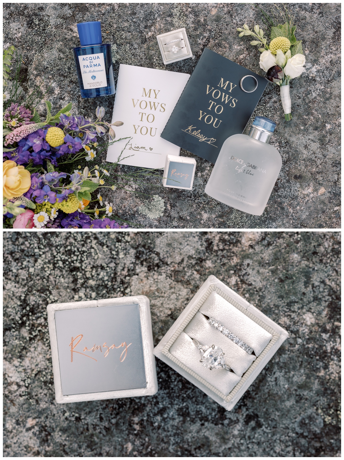 Wedding details flat lay including vow books, flowers, rings and perfume.