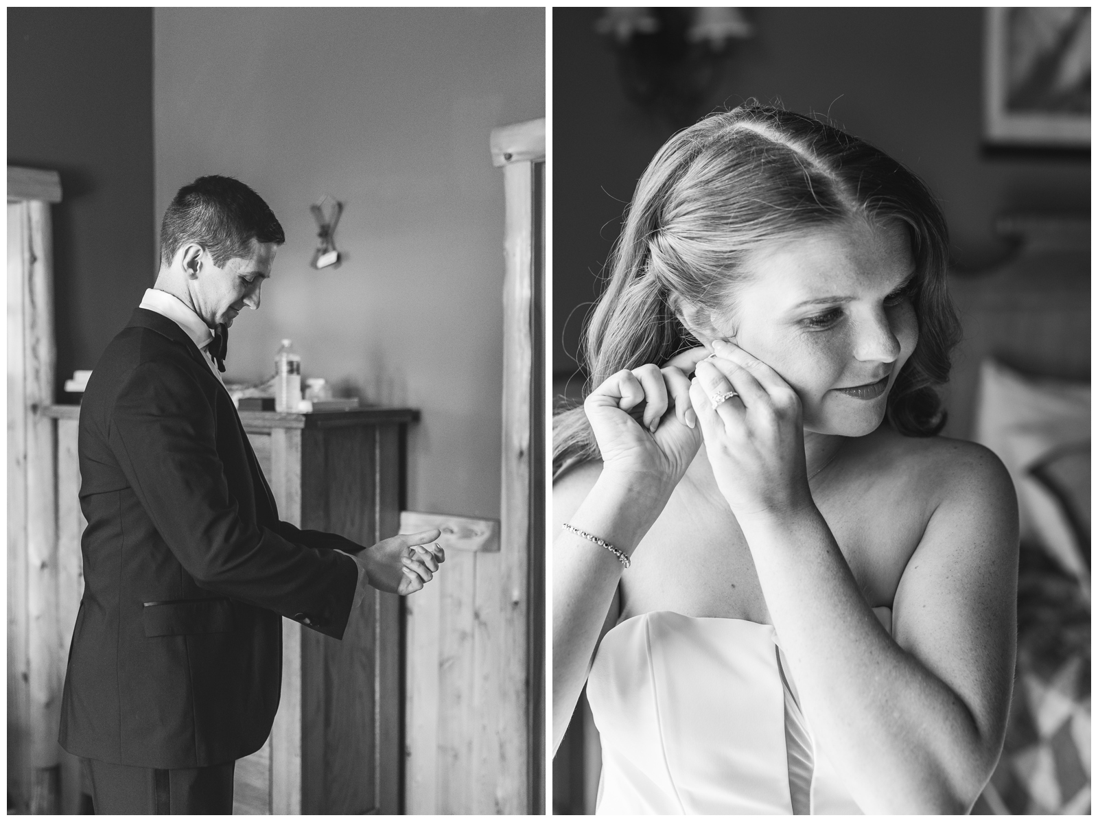 Bride and groom getting ready at Whispering Pines Airbnb in Jay, NY with family for their Lake Placid elopement.