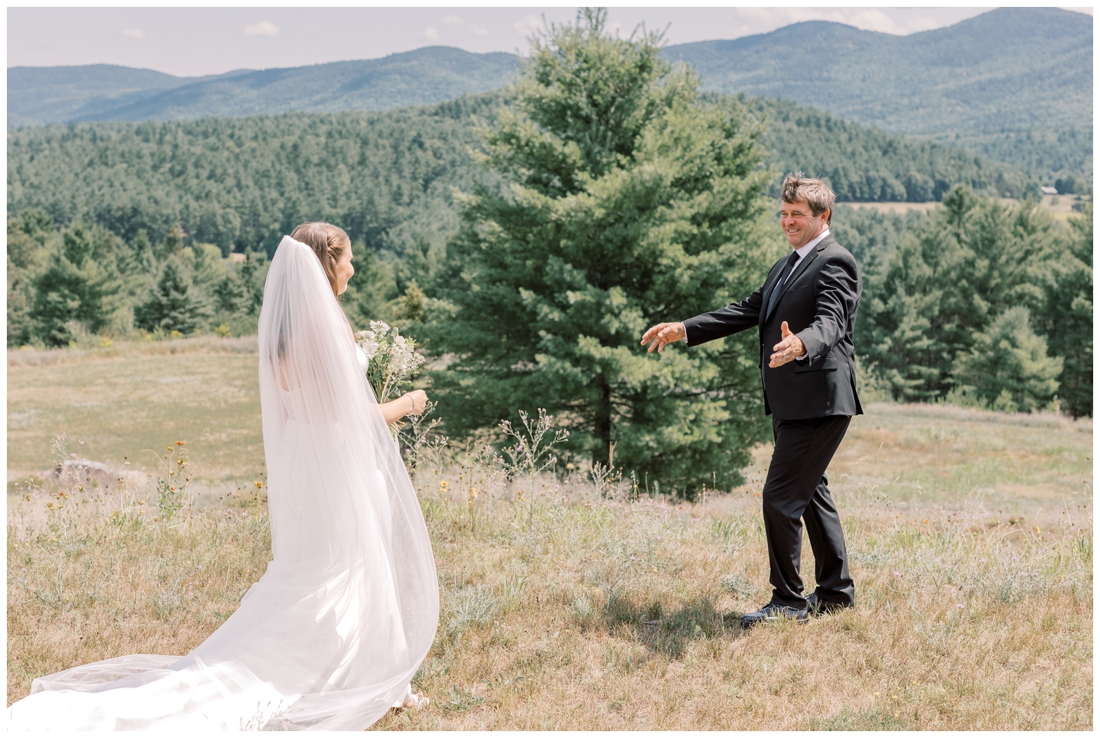 First look between bride and her dad before Adirondack elopement ceremony.