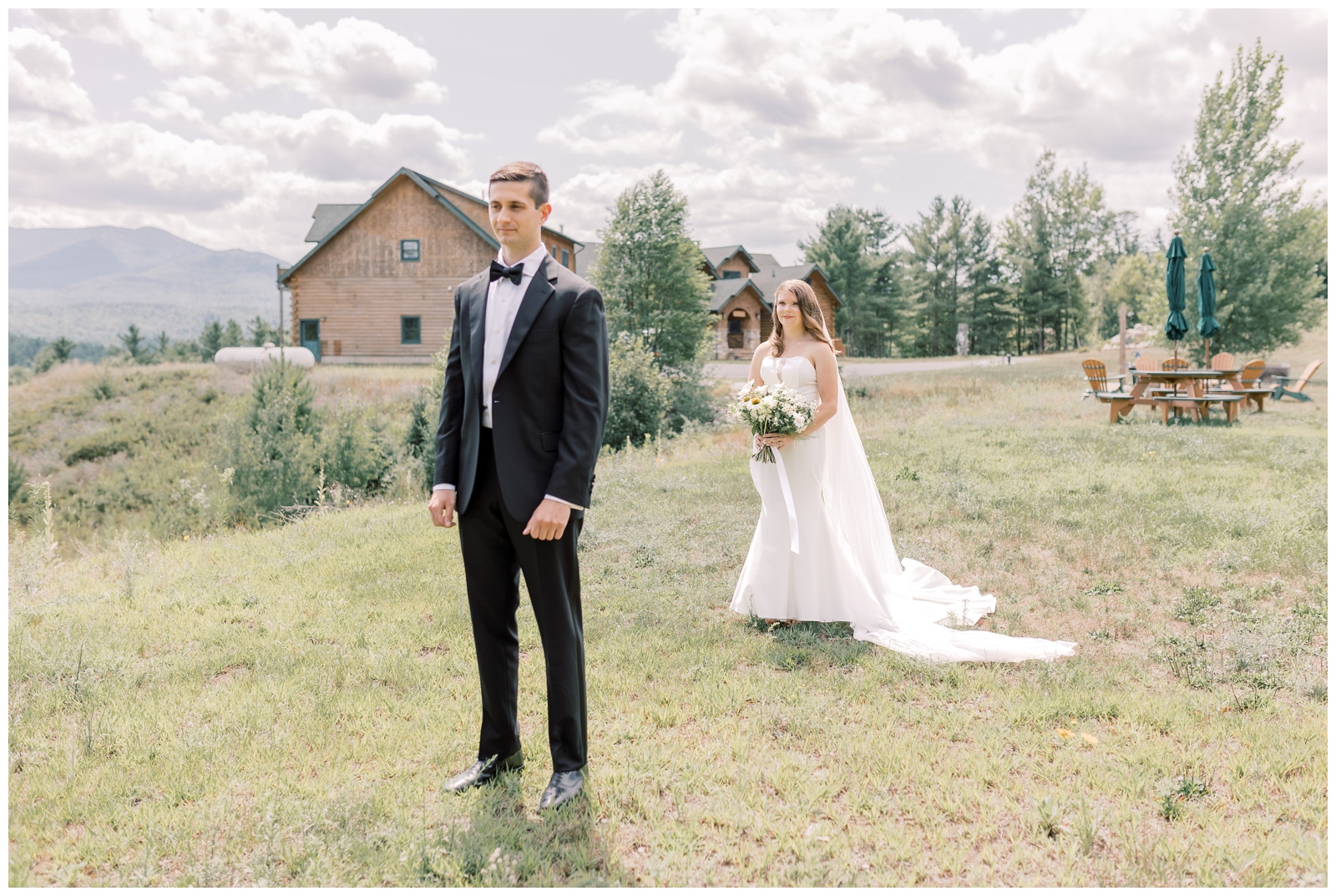 Emotional first look between couple before Whiteface Mountain portraits.