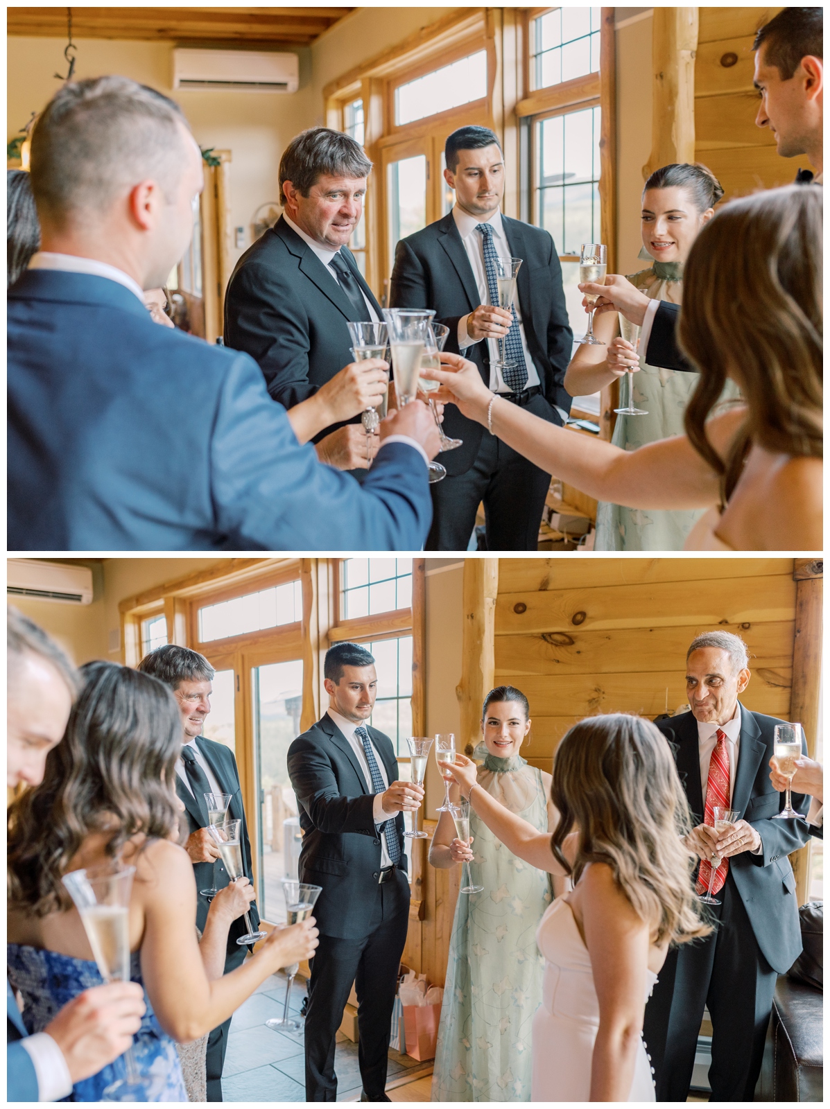 Couple sharing champagne toast with family at Airbnb wedding in Jay, NY.