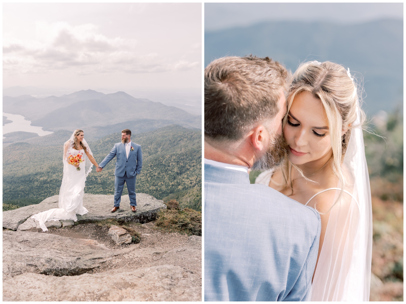 couple posing for wedding portraits at the top of Whiteface mountain.