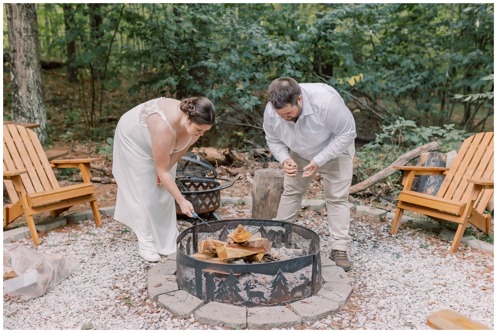 Couple building a fire to end their adventure elopement in Lake Placid which was planned and photographed by Nicole Weeks Photography.
