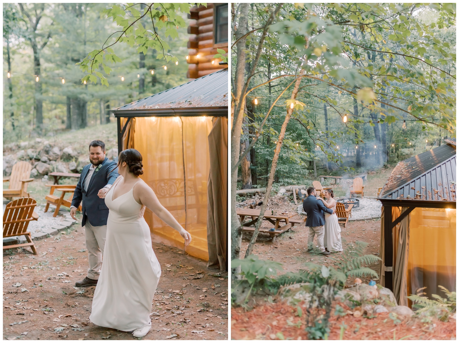 Bride and Groom dancing by the fire at an Airbnb in Lake Placid.